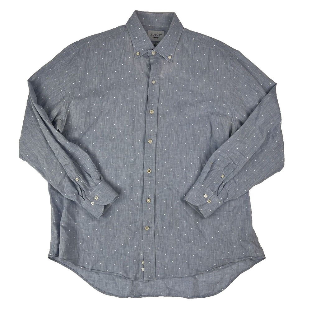 Ledbury Blue w/ Embroidered Dots L/S‎ Cotton Linen Button Down Mens Size 17